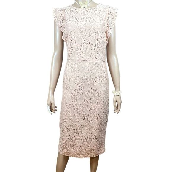 Zara Dresses & Skirts - Zara Basic Collection Pink Lace Midi Dress Sleeveless Ruffle Trim Size M (040)